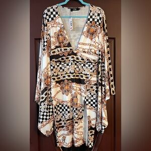 CBR Gold, Black & Cream Chain-Print Surplice Dress